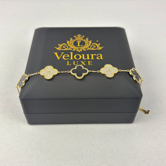 Sterling Silver 18K Gold-Plated Clover Bracelet - Black